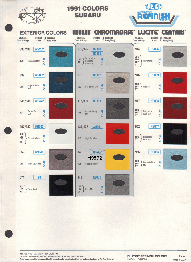 1991 Subaru Paint Charts DuPont 1